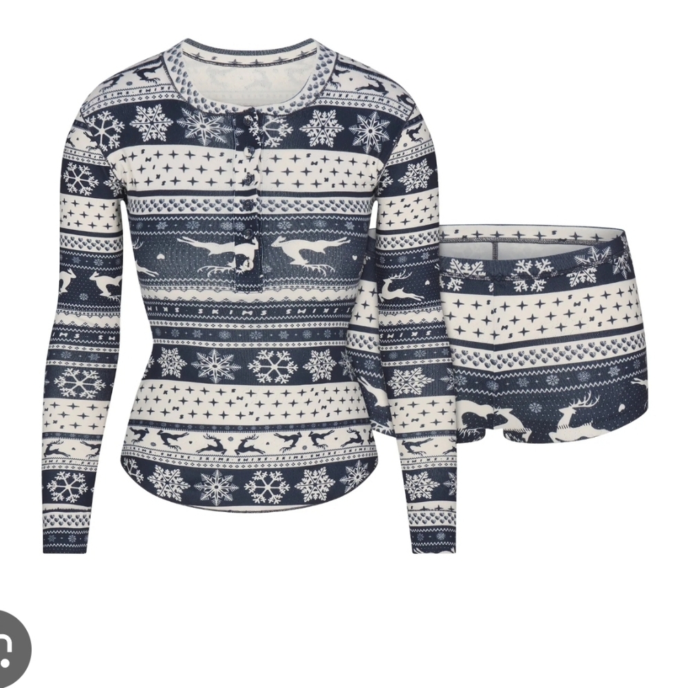 Skims Fair Isle Logo Plush Pointelle Set Navy Deer 2X